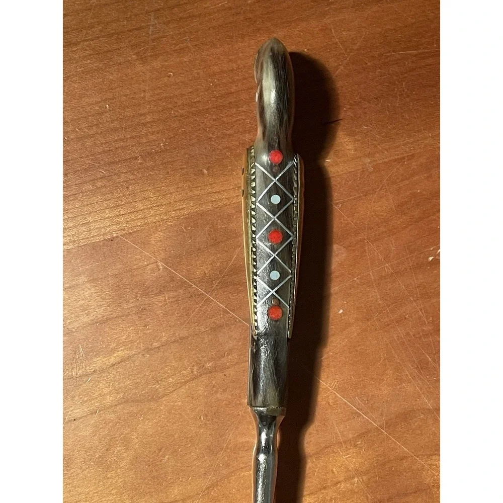 Rare Vintage Carved Bird Heron  Handle Pie Server Inlaid Metal Blade Mid-Century
